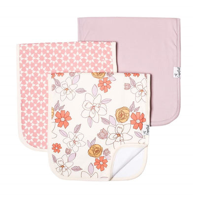 Set of three Copper Pearl premium baby burp cloths featuring floral and geometric patterns in soft colors.