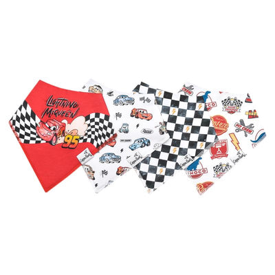 Four Disney Pixar Cars themed bandana bibs featuring Lightning McQueen, checkered patterns, and various car graphics.