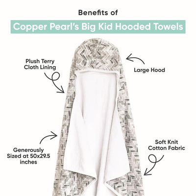 Hooded bath towel from Copper Pearl, featuring a large hood, plush terry cloth lining, and soft knit cotton fabric, measuring 50x29.5 inches.