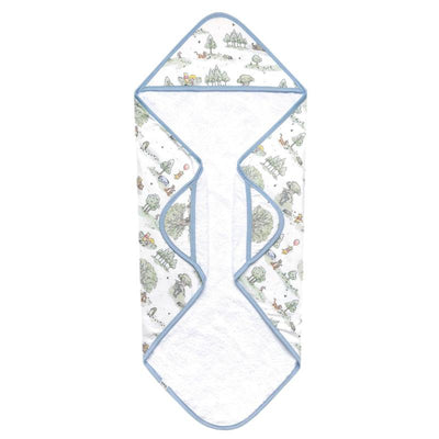 Hooded towel featuring whimsical forest illustrations, soft cotton knit fabric, and a light blue trim.