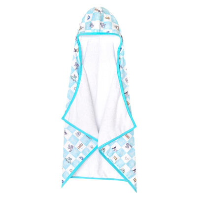 Hooded towel featuring a Monsters Inc. design with blue and white checkered patterns and soft, absorbent inner fabric.
