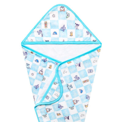 Hooded towel featuring a blue and white checkered pattern with Monsters Inc. characters and illustrations.
