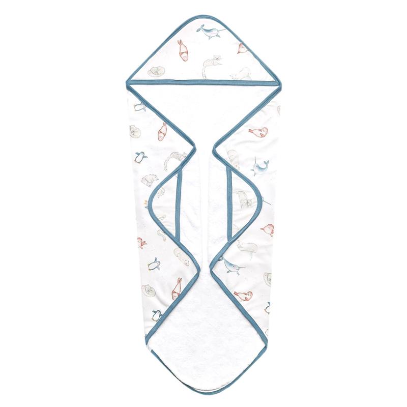 Hooded baby towel featuring a whimsical animal print, designed for comfort and warmth after bath time.
