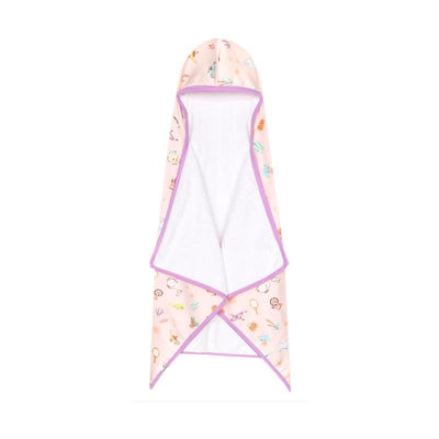 Hooded towel featuring an illustrated design of whimsical animals on a pink background, with a soft white interior.