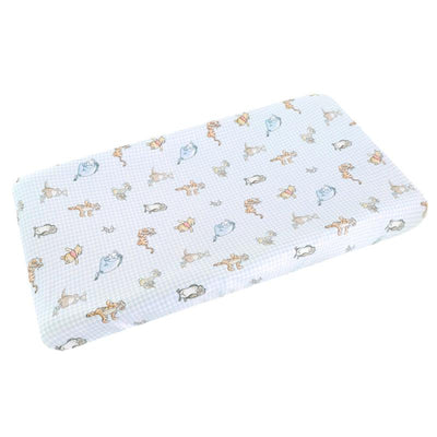 Premium diaper changing pad cover featuring Winnie The Pooh and friends on a light blue checkered background.