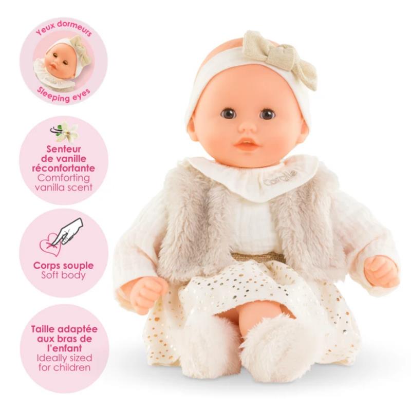 Corolle Dolls Bébé Calin Margaux with sleeping eyes, soft body, vanilla scent, and dressed in a cozy outfit.