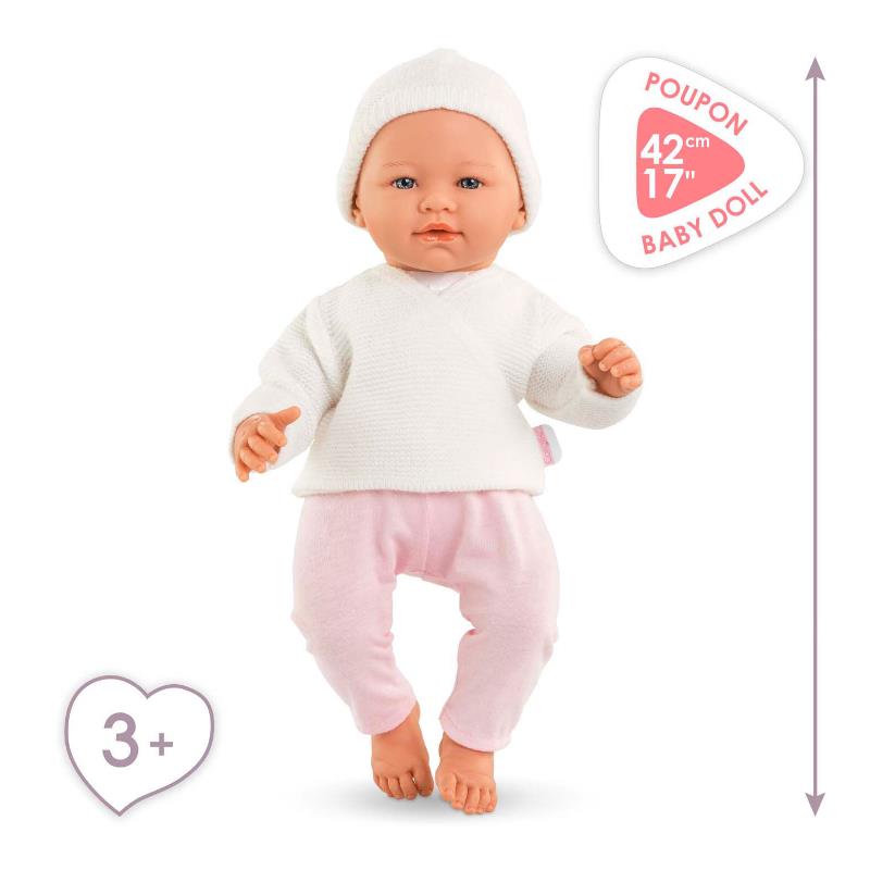 17-inch Corolle dolls newborn with pink pants and white top, suitable for ages 3+, showcasing realistic features.