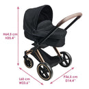 Cybex pram in black with gold accents, dimensions labeled: height 64.5 cm, length 60 cm, width 23.6 cm.