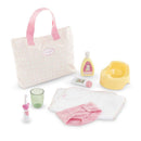 Corolle Dolls Tulip Changing Accessory Set includes a patterned bag, potty, toiletries, doll-sized underwear, and a bib.