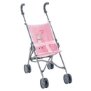 Pink striped doll stroller with a cute pig design, featuring a harness and four wheels for stability.