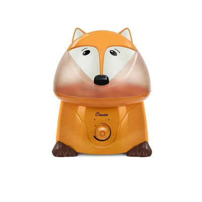 Ultrasonic cool mist humidifier designed as a cute orange fox, featuring a control dial and “Crane” branding.