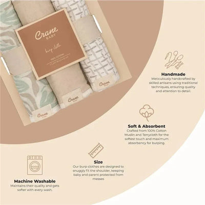 Crane Bedding - Cove 3-Pc. Baby Burp Cloth Set featuring three cotton burp cloths in soft colors with a label and care instructions.