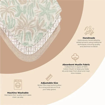 Three-piece muslin bib set featuring beach-themed designs; includes details on handmade quality, absorbent fabric, and adjustable size.