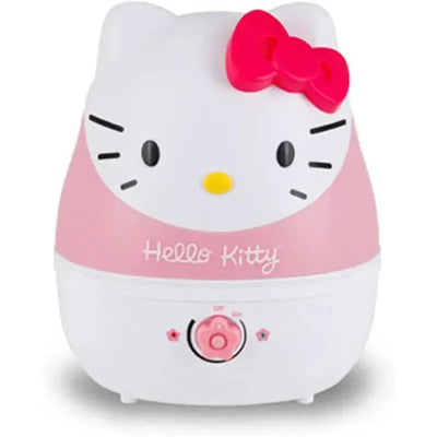 Ultrasonic humidifier designed as Hello Kitty, featuring a pink base and matching button for adjusting mist output.