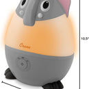 Ultrasonic cool mist humidifier in the shape of a gray elephant, featuring a warm light, control button, and measuring 10.5 inches tall.