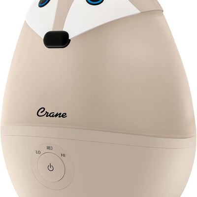 Crane Mini Fox humidifier, 0.5 gallons, with a cute fox design and adjustable mist settings labeled LO, MED, HI.