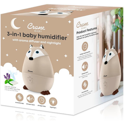 Crane Mini Fox humidifier box with product features, displaying the cute fox design and text about its functions.