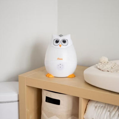 Crane Mini Adorable 0.5 Gal Ultrasonic Cool Mist Humidifier in owl design, featuring large eyes and orange feet, on a wooden shelf.