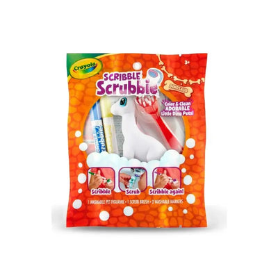 Crayola Scribble Scrubbie Dinosaur, featuring a white dinosaur figurine, 2 washable markers, and a scrub brush.