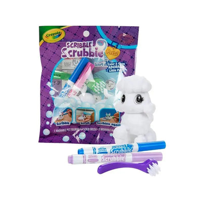 Crayola Scribble Scrubbie Pets set featuring a white pet figurine, two washable markers, a scrub brush, and packaging.