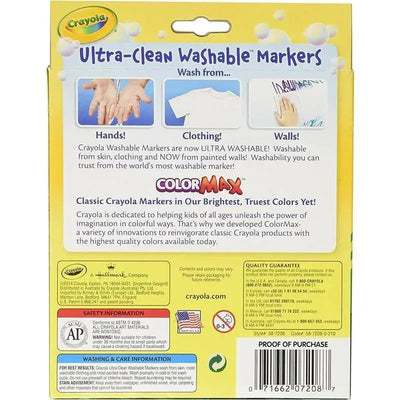 Crayola Ultra-Clean Washable Markers pack, highlighting features like washability from hands, clothing, and walls.