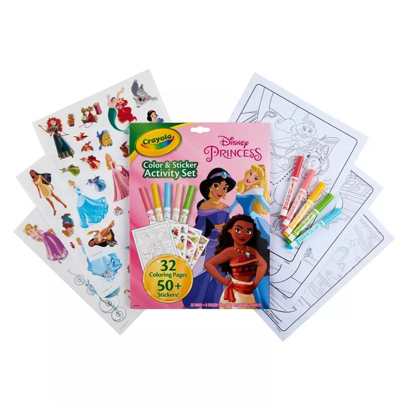 Crayola Color & Sticker Activity Set featuring Disney Princesses, includes 32 coloring pages, 50+ stickers, and markers.
