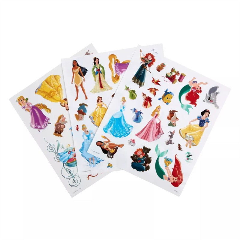 Disney Princess-themed sticker sheets featuring various princess characters and colorful designs from the Crayola Color & Sticker Activity Set.