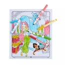 Coloring page featuring Disney Princess characters with colored markers scattered around, highlighting creative activity.