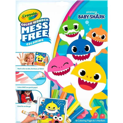 Crayola Color Wonder Baby Shark coloring pad features 18 pages and 5 markers, designed for mess-free art.