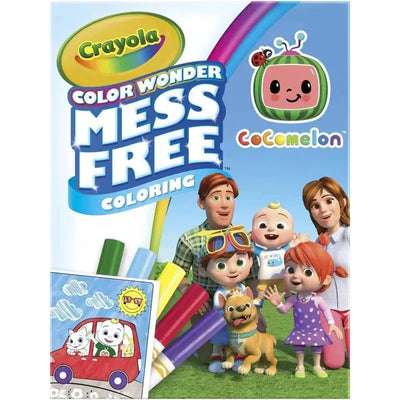 Crayola Color Wonder Mess-Free Coloring Pad featuring Cocomelon characters, markers, and a colorful illustration of kids and parents.