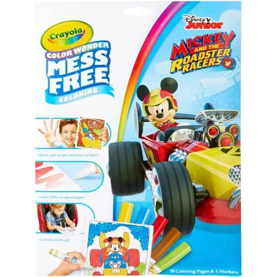 Crayola Color Wonder Coloring Pad featuring Mickey Mouse in a colorful race car with five markers and mess-free coloring.
