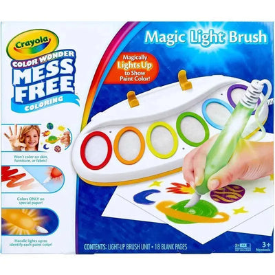 Crayola Color Wonder Magic Light Brush set featuring a light-up brush and color palette, designed for mess-free painting on special paper.
