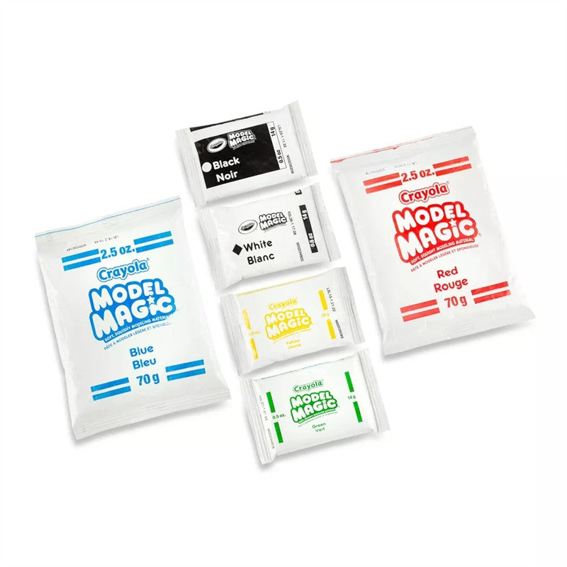 Crayola Model Magic Craft Pack with five colored modeling compounds: Blue, Black, White, Red, and Green, all 70g.