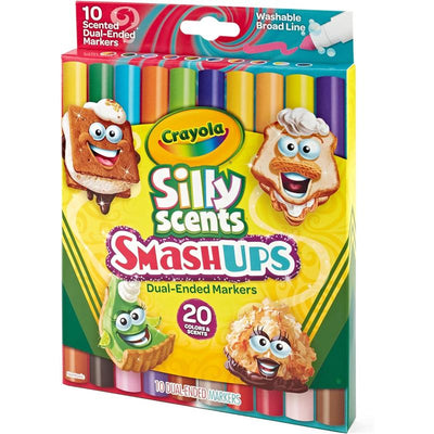 Crayola Silly Scents Smashups, 10 dual-ended washable markers with vibrant colors and fun food-themed characters.