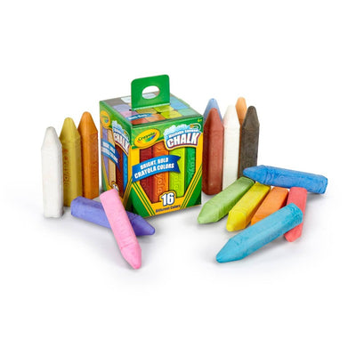 Crayola Washable Sidewalk Chalk set with 16 vibrant colors displayed around the box featuring a handle.
