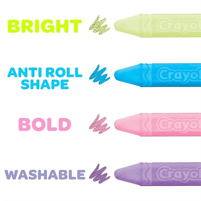 Crayola Washable Sidewalk Chalk featuring bright colors, anti-roll shape, and bold, washable designs, with four chalk pieces shown.