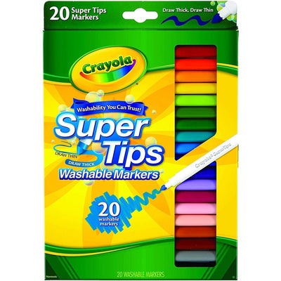 Crayola Washable Super Tips Markers in a 20-count pack featuring a rainbow of colors and a washable design.