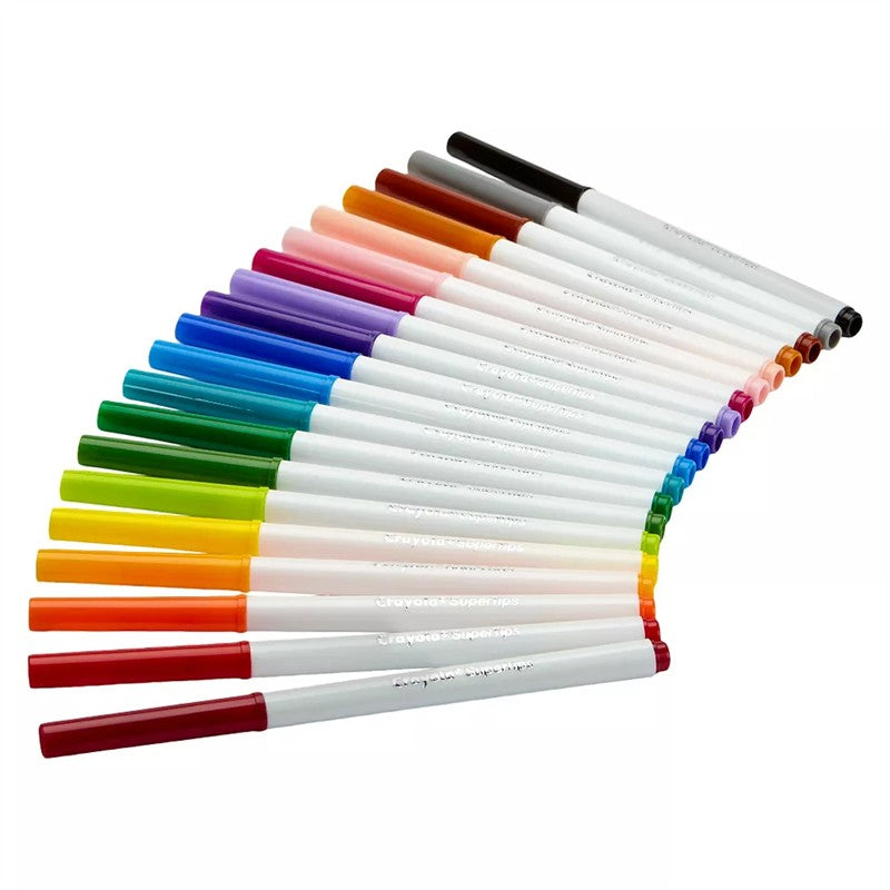 Crayola Washable Super Tips Markers in a rainbow arrangement, featuring 20 vibrant colors in white barrels.