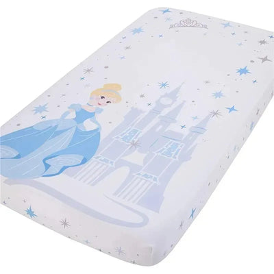 Cinderella-themed crib fitted sheet featuring a castle and stars, designed for infant bedding.