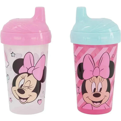 Two Disney Minnie Mouse hard spout cups in pink and blue, featuring colorful graphics of Minnie with bows and playful expressions.
