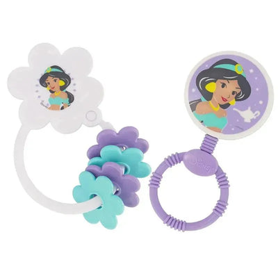 Disney Princess character shape rattle and keyring teether featuring Jasmine with colorful, flower-shaped attachments.
