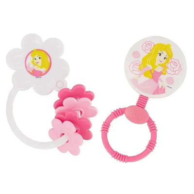 Two Disney Princess character rattles: one features a pink flower design with a princess image, the other is a round rattle with a princess illustration.