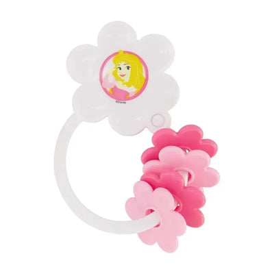 Disney Princess character rattle featuring a flower shape with pink petals and a central image of Princess Aurora.