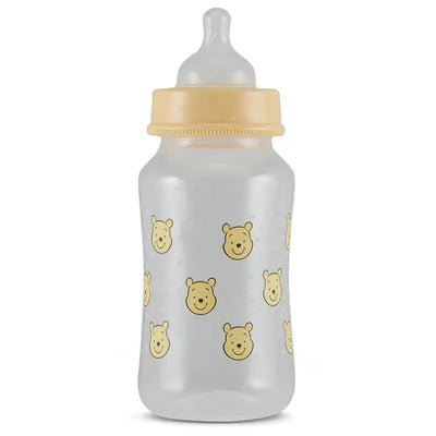 11oz baby bottle featuring playful Winnie the Pooh faces and dots, with a soft yellow cap and nozzle.