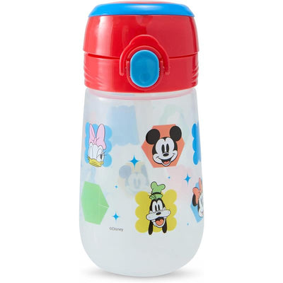 Toddler sippy cup featuring Disney characters Mickey Mouse, Minnie Mouse, Donald Duck, and Goofy, with a red lid.