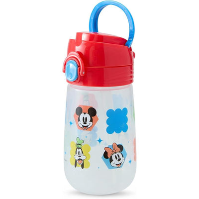 Toddler sippy cup featuring colorful Mickey Mouse and friends designs, with a red lid and blue handle.