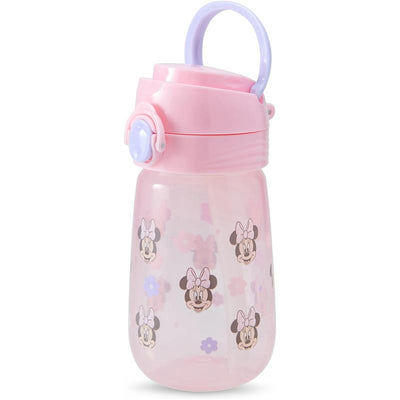 Toddler sippy cup featuring a pink design with Minnie Mouse faces and flowers, equipped with a secure lid and handle.