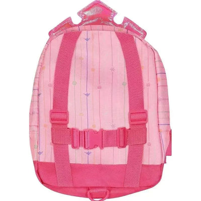Pink backpack designed for children, featuring a princess crown shape, adjustable straps, and colorful, playful patterns.