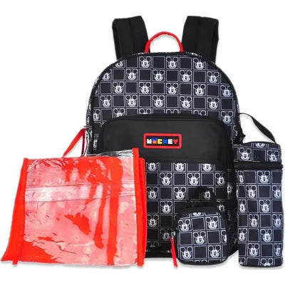 Black and white diaper backpack featuring a Mickey Mouse checker print, accompanied by a clear organizer and insulated bottle holder.