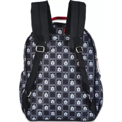 Black and white diaper backpack featuring a checker print with Mickey Mouse faces, designed for parents.